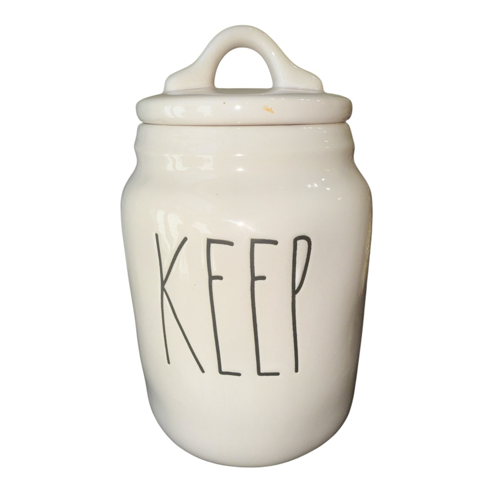 Ceramic Keep Storage Canister, White Farmhouse Style, 7 x 4 inches